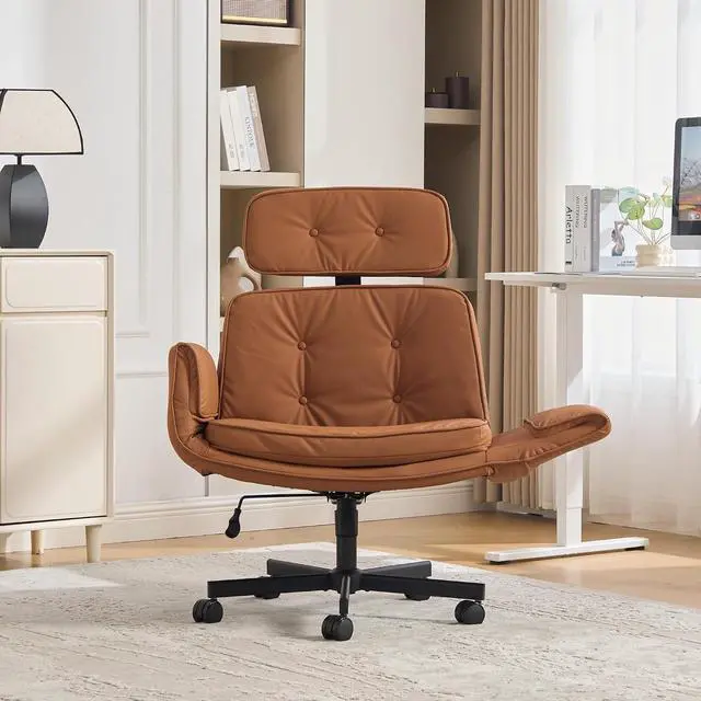 Main image of Criss Cross Legged Office Chair with Adjustable Armrests, PU Upholstered Vanity Chair with Wheels & Headrest, Swivel Desk Armchair Rolling Stool with Wide Seat for Home, Makeup, Gaming, Brown