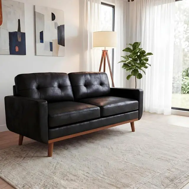 Alt view image 5 of 7 - 65" Loveseat Sofa with Solid Wood Legs, Minimalist 2 Seater Sofa, Breathable Foil Fabric Upholstered Small Couch for Living Room, Apartment, Studio, Office, Black