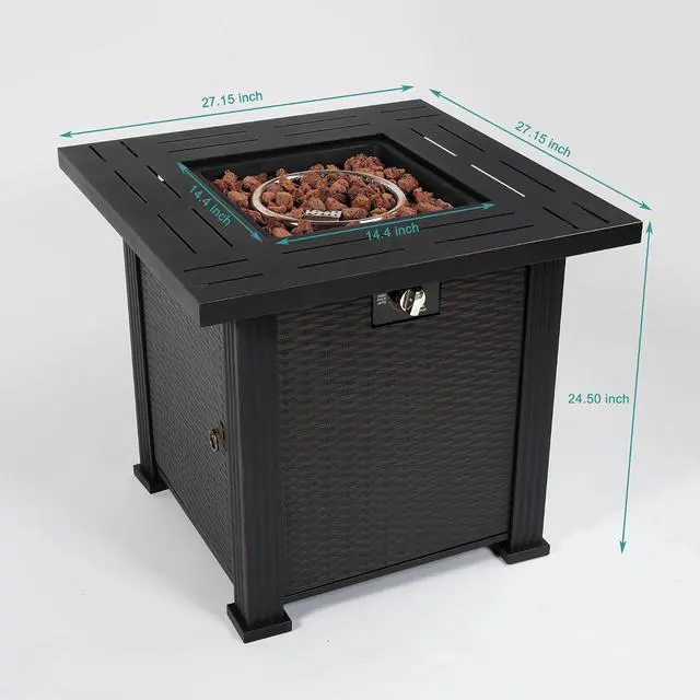 Alt view image 3 of 7 - 28 Inch Square Fire Pit Table, 40000BTU Propane Fire Pit Table with Ignition Systems, Gas Fire Pit, Iron Tabletop with Lid and Lava Rock, Outdoor Firetable for Patio Deck Garden Backyard, Black