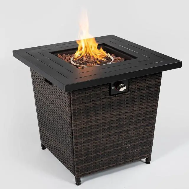Alt view image 2 of 7 - 28 Inch Square Fire Pit Table, 40000BTU Propane Fire Pit Table with Ignition Systems, Gas Fire Pit, Iron Tabletop with Lid and Lava Rock, Outdoor Firetable for Patio Deck Garden Backyard, Brown
