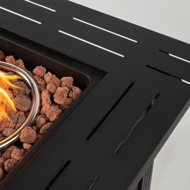 Alt view image 7 of 7 - 28 Inch Square Fire Pit Table, 40000BTU Propane Fire Pit Table with Ignition Systems, Gas Fire Pit, Iron Tabletop with Lid and Lava Rock, Outdoor Firetable for Patio Deck Garden Backyard, Black