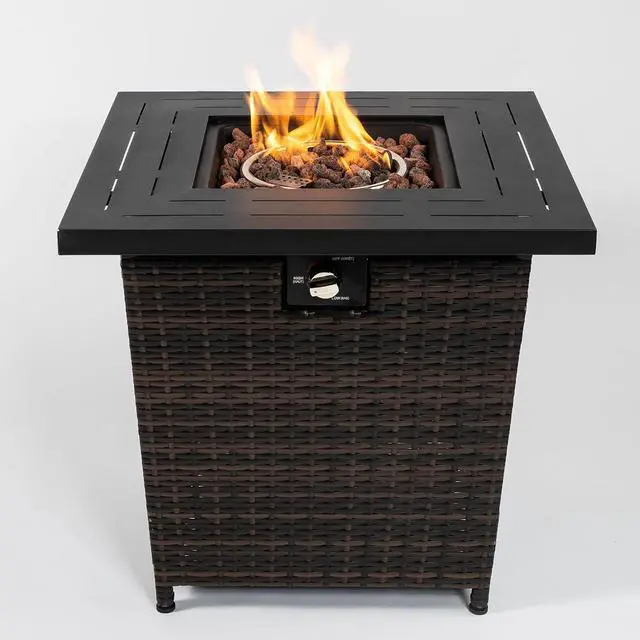 Alt view image 3 of 7 - 28 Inch Square Fire Pit Table, 40000BTU Propane Fire Pit Table with Ignition Systems, Gas Fire Pit, Iron Tabletop with Lid and Lava Rock, Outdoor Firetable for Patio Deck Garden Backyard, Brown