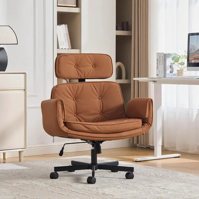 Alt view image 4 of 7 - Criss Cross Legged Office Chair with Adjustable Armrests, PU Upholstered Vanity Chair with Wheels & Headrest, Swivel Desk Armchair Rolling Stool with Wide Seat for Home, Makeup, Gaming, Brown