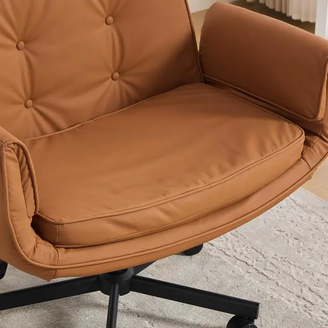 Alt view image 7 of 7 - Criss Cross Legged Office Chair with Adjustable Armrests, PU Upholstered Vanity Chair with Wheels & Headrest, Swivel Desk Armchair Rolling Stool with Wide Seat for Home, Makeup, Gaming, Brown