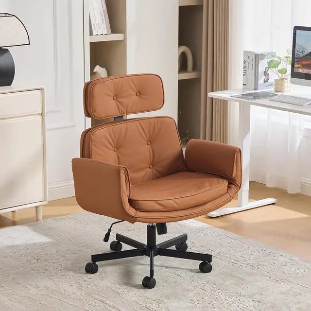 Alt view image 3 of 7 - Criss Cross Legged Office Chair with Adjustable Armrests, PU Upholstered Vanity Chair with Wheels & Headrest, Swivel Desk Armchair Rolling Stool with Wide Seat for Home, Makeup, Gaming, Brown