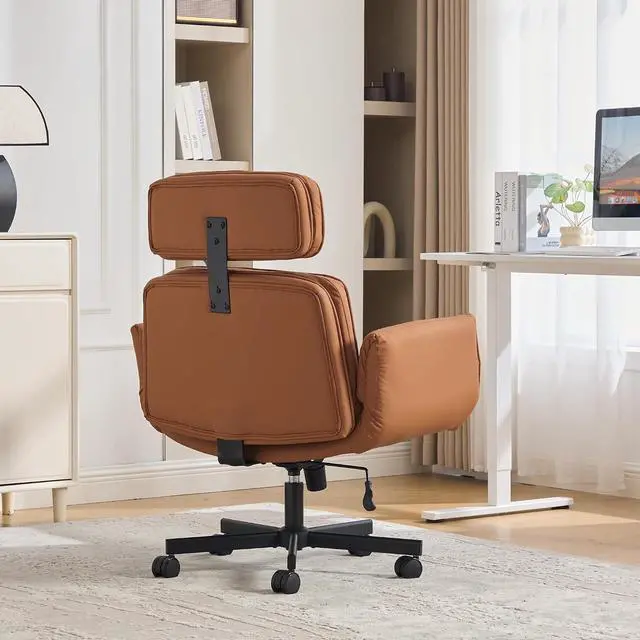 Alt view image 5 of 7 - Criss Cross Legged Office Chair with Adjustable Armrests, PU Upholstered Vanity Chair with Wheels & Headrest, Swivel Desk Armchair Rolling Stool with Wide Seat for Home, Makeup, Gaming, Brown