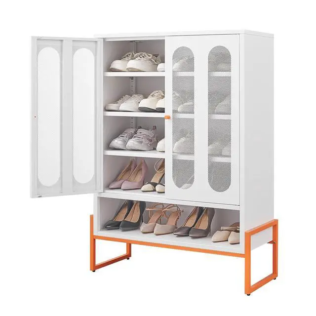 Alt view image 3 of 7 - Minimalist Entryway Cabinet with Mesh Doors, Shoe Cabinet with Adjustable Shelves and High Foot, Wine Storage Organizers, Kitchen Pantry Cabinet Compatible with Robotic Vacuum Cleaners, White