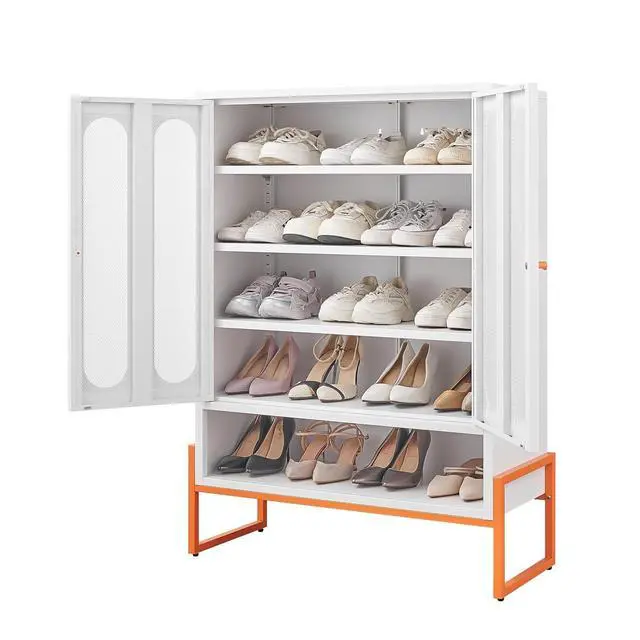 Alt view image 4 of 7 - Minimalist Entryway Cabinet with Mesh Doors, Shoe Cabinet with Adjustable Shelves and High Foot, Wine Storage Organizers, Kitchen Pantry Cabinet Compatible with Robotic Vacuum Cleaners, White