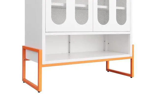 Alt view image 7 of 7 - Minimalist Entryway Cabinet with Mesh Doors, Shoe Cabinet with Adjustable Shelves and High Foot, Wine Storage Organizers, Kitchen Pantry Cabinet Compatible with Robotic Vacuum Cleaners, White