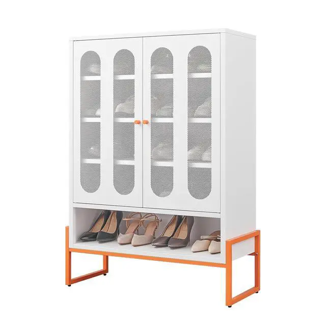 Alt view image 5 of 7 - Minimalist Entryway Cabinet with Mesh Doors, Shoe Cabinet with Adjustable Shelves and High Foot, Wine Storage Organizers, Kitchen Pantry Cabinet Compatible with Robotic Vacuum Cleaners, White