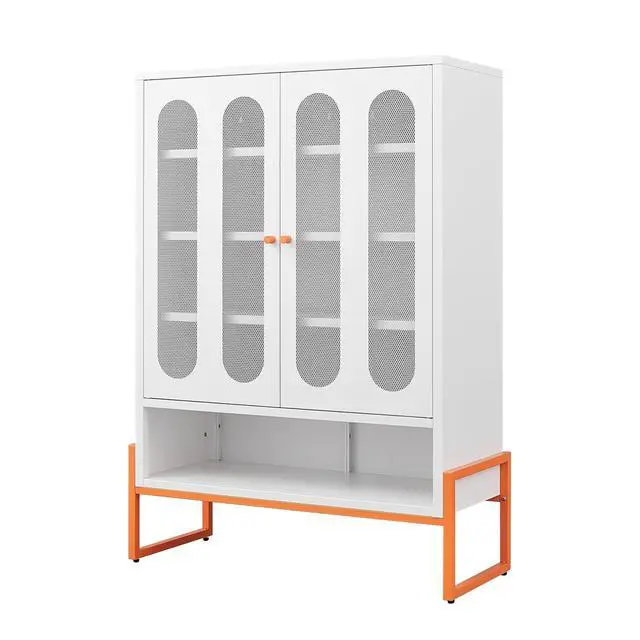 Alt view image 6 of 7 - Minimalist Entryway Cabinet with Mesh Doors, Shoe Cabinet with Adjustable Shelves and High Foot, Wine Storage Organizers, Kitchen Pantry Cabinet Compatible with Robotic Vacuum Cleaners, White