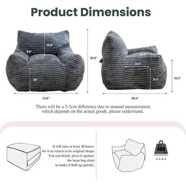 Alt view image 2 of 7 - Giant Bean Bag Chair for Adults with Armrests, Comfy Large Beanbag Lounge, Corduroy Floor Lazy Sofa, Fluffy Cloud Reading Chair, Bean Bag Couch for Gaming Room, Living Room, Bedroom & Dorm, Gray