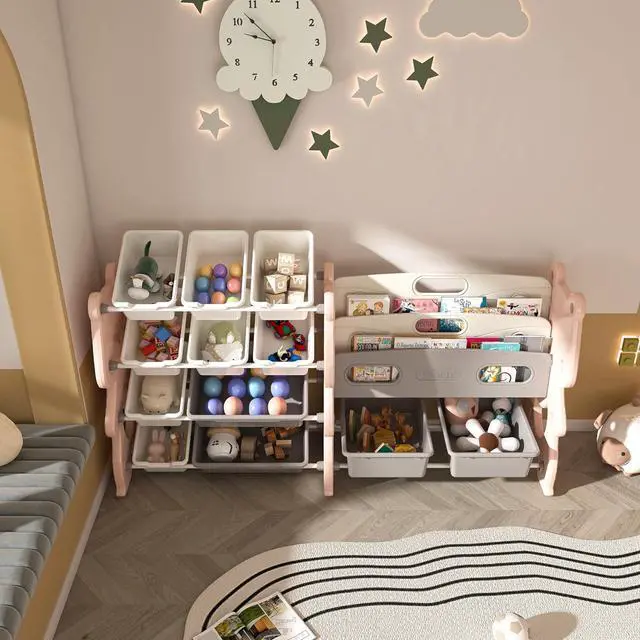 Alt view image 2 of 7 - 4 Tier Toy Storage Organizer, 12 Toy Bins with 2 Tier Bookshelf, Toy Box with Sling Book Display Shelf for Playroom, Bedroom, Kids Room, Classroom, Pink