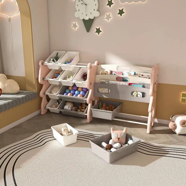 Alt view image 4 of 7 - 4 Tier Toy Storage Organizer, 12 Toy Bins with 2 Tier Bookshelf, Toy Box with Sling Book Display Shelf for Playroom, Bedroom, Kids Room, Classroom, Pink