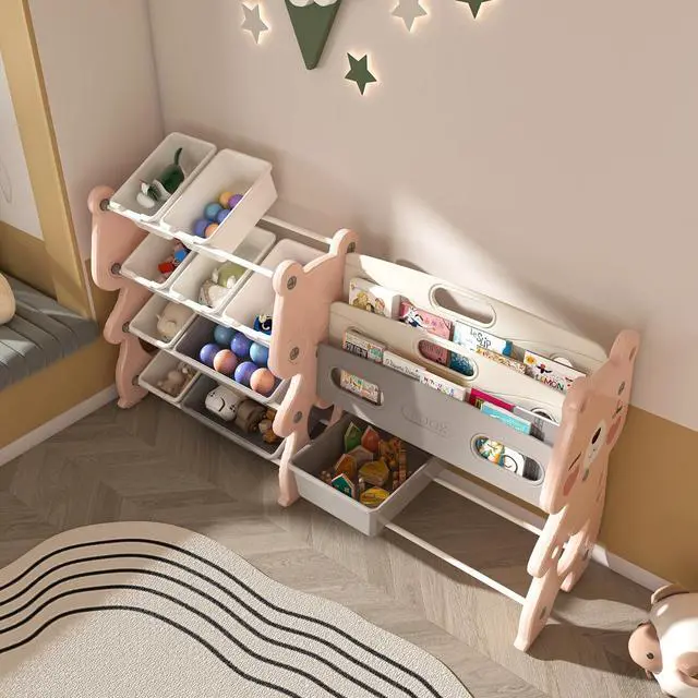 Alt view image 5 of 7 - 4 Tier Toy Storage Organizer, 12 Toy Bins with 2 Tier Bookshelf, Toy Box with Sling Book Display Shelf for Playroom, Bedroom, Kids Room, Classroom, Pink