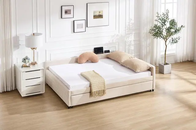 Alt view image 3 of 7 - Full Size Upholstered Daybed with Trundle, L Shaped Corner Bed Frame with LED Light and Charging Station, Modern Diamond Grid Velvet Fabric Guest Bed for Young and Adults Bedroom, Dorm, Beige