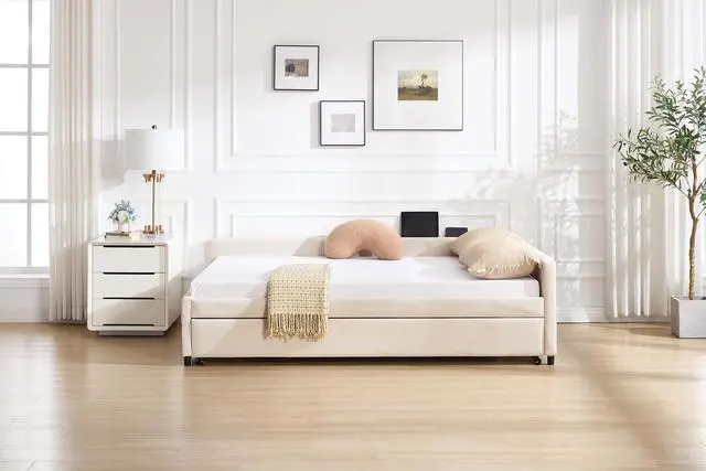 Alt view image 4 of 7 - Full Size Upholstered Daybed with Trundle, L Shaped Corner Bed Frame with LED Light and Charging Station, Modern Diamond Grid Velvet Fabric Guest Bed for Young and Adults Bedroom, Dorm, Beige
