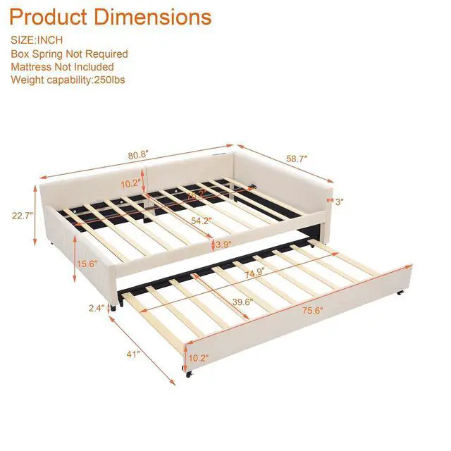 Alt view image 2 of 7 - Full Size Upholstered Daybed with Trundle, L Shaped Corner Bed Frame with LED Light and Charging Station, Modern Diamond Grid Velvet Fabric Guest Bed for Young and Adults Bedroom, Dorm, Beige