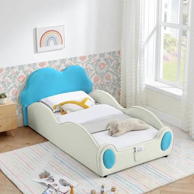 Main image of Twin Size Floor Bed with Cute Cloud Shape, PU Leather Upholstered Platform Bed with Guardrails, Single Bedframe with Cartoon Design Safety Rail and Storage Pocket, Purple&Pink