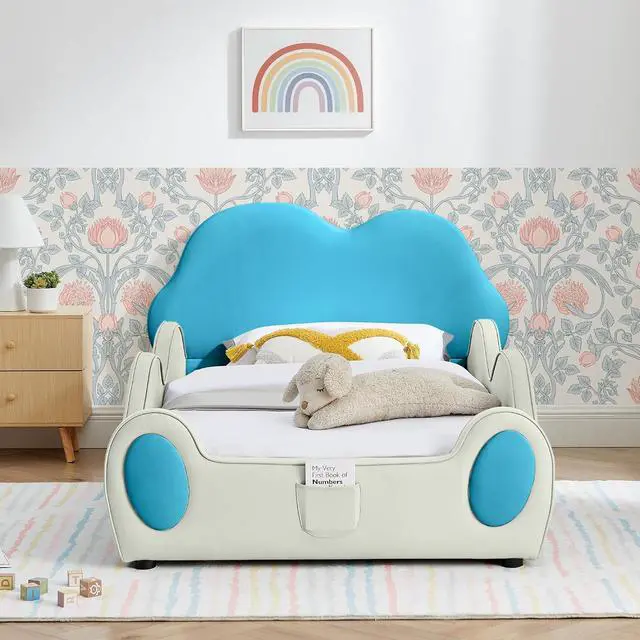 Alt view image 3 of 7 - Twin Size Floor Bed with Cute Cloud Shape, PU Leather Upholstered Platform Bed with Guardrails, Single Bedframe with Cartoon Design Safety Rail and Storage Pocket, Purple&Pink