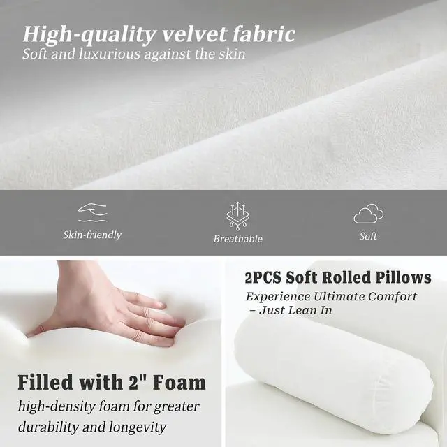 Alt view image 4 of 7 - 60" End of Bed Bench with Storage, Velvet Upholstered Large Storage Ottoman with Rolled Pillows and Armrest, Soft Window Bench, Footstool for Living Room, Entryway, Dormitory, Bedroom, White