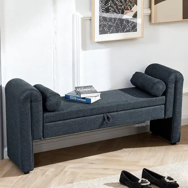 Alt view image 6 of 7 - 60" End of Bed Bench with Storage, Velvet Upholstered Large Storage Ottoman with Rolled Pillows and Armrest, Soft Window Bench, Footstool for Living Room, Entryway, Dormitory, Bedroom, Dark Blue