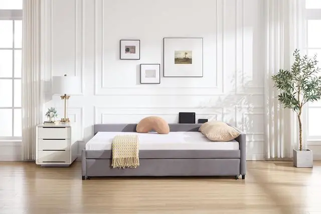 Alt view image 3 of 7 - Full Size Upholstered Daybed with Trundle, L Shaped Corner Bed Frame with LED Light and Charging Station, Modern Diamond Grid Velvet Fabric Guest Bed for Young and Adults Bedroom, Dorm, Grey