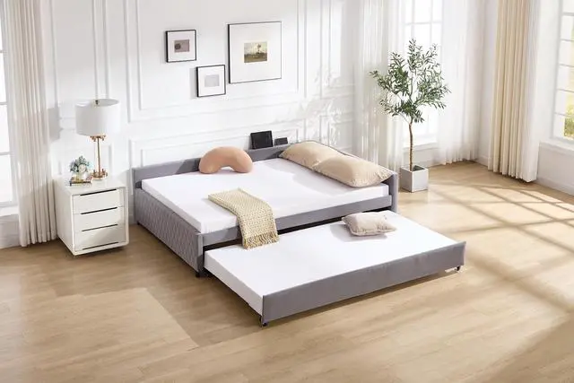 Alt view image 4 of 7 - Full Size Upholstered Daybed with Trundle, L Shaped Corner Bed Frame with LED Light and Charging Station, Modern Diamond Grid Velvet Fabric Guest Bed for Young and Adults Bedroom, Dorm, Grey