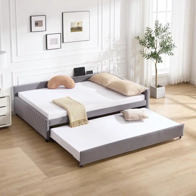 Main image of Full Size Upholstered Daybed with Trundle, L Shaped Corner Bed Frame with LED Light and Charging Station, Modern Diamond Grid Velvet Fabric Guest Bed for Young and Adults Bedroom, Dorm, Grey