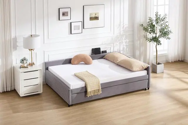 Alt view image 2 of 7 - Full Size Upholstered Daybed with Trundle, L Shaped Corner Bed Frame with LED Light and Charging Station, Modern Diamond Grid Velvet Fabric Guest Bed for Young and Adults Bedroom, Dorm, Grey