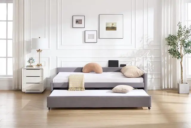 Alt view image 5 of 7 - Full Size Upholstered Daybed with Trundle, L Shaped Corner Bed Frame with LED Light and Charging Station, Modern Diamond Grid Velvet Fabric Guest Bed for Young and Adults Bedroom, Dorm, Grey