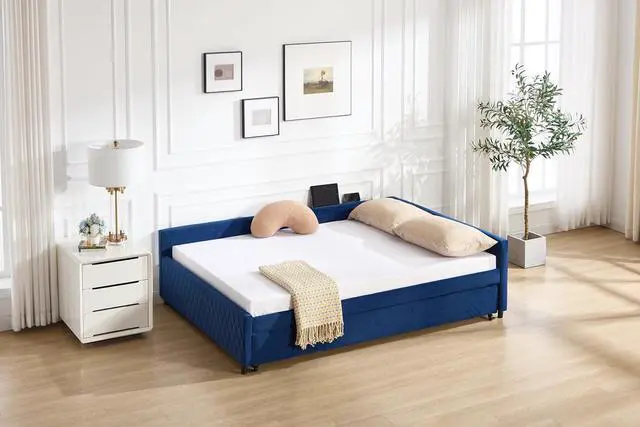Alt view image 2 of 7 - Full Size Upholstered Daybed with Trundle, L Shaped Corner Bed Frame with LED Light and Charging Station, Modern Diamond Grid Velvet Fabric Guest Bed for Young and Adults Bedroom, Dorm, Navy