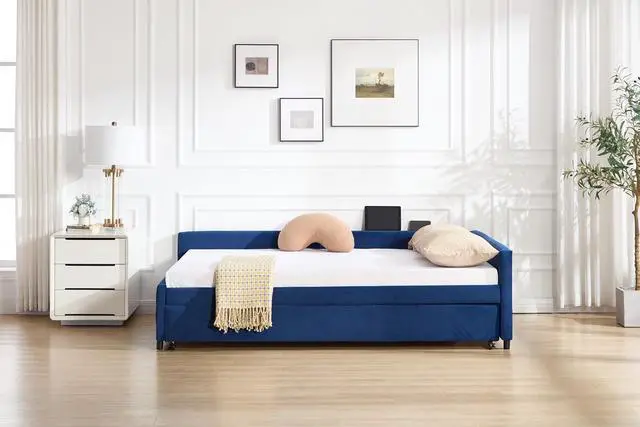 Alt view image 3 of 7 - Full Size Upholstered Daybed with Trundle, L Shaped Corner Bed Frame with LED Light and Charging Station, Modern Diamond Grid Velvet Fabric Guest Bed for Young and Adults Bedroom, Dorm, Navy