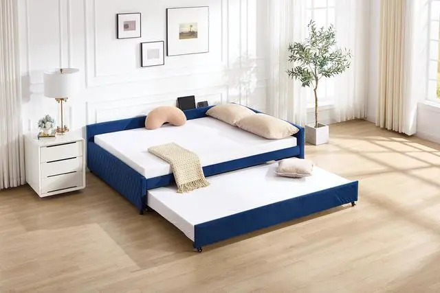 Alt view image 4 of 7 - Full Size Upholstered Daybed with Trundle, L Shaped Corner Bed Frame with LED Light and Charging Station, Modern Diamond Grid Velvet Fabric Guest Bed for Young and Adults Bedroom, Dorm, Navy