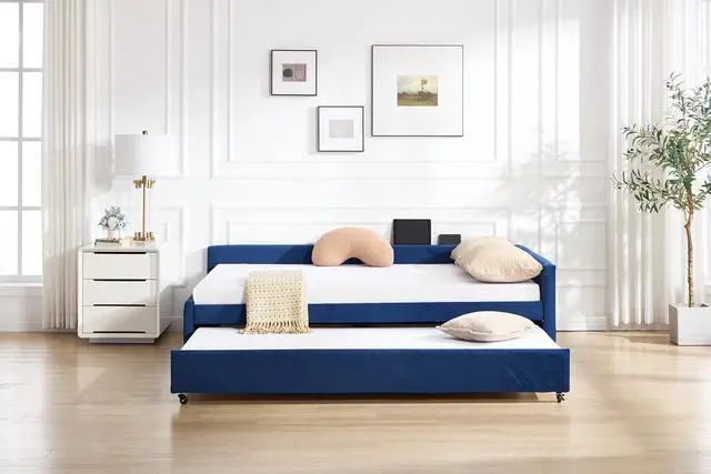 Alt view image 5 of 7 - Full Size Upholstered Daybed with Trundle, L Shaped Corner Bed Frame with LED Light and Charging Station, Modern Diamond Grid Velvet Fabric Guest Bed for Young and Adults Bedroom, Dorm, Navy