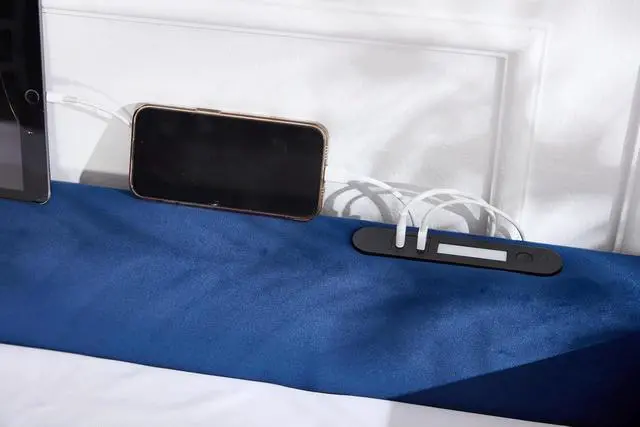 Alt view image 6 of 7 - Full Size Upholstered Daybed with Trundle, L Shaped Corner Bed Frame with LED Light and Charging Station, Modern Diamond Grid Velvet Fabric Guest Bed for Young and Adults Bedroom, Dorm, Navy