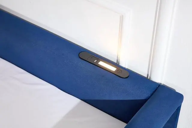 Alt view image 7 of 7 - Full Size Upholstered Daybed with Trundle, L Shaped Corner Bed Frame with LED Light and Charging Station, Modern Diamond Grid Velvet Fabric Guest Bed for Young and Adults Bedroom, Dorm, Navy