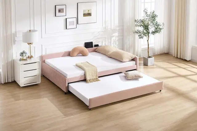Alt view image 4 of 7 - Full Size Upholstered Daybed with Trundle, L Shaped Corner Bed Frame with LED Light and Charging Station, Modern Diamond Grid Velvet Fabric Guest Bed for Young and Adults Bedroom, Dorm, Pink