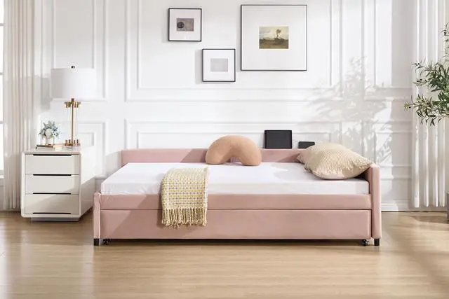 Alt view image 3 of 7 - Full Size Upholstered Daybed with Trundle, L Shaped Corner Bed Frame with LED Light and Charging Station, Modern Diamond Grid Velvet Fabric Guest Bed for Young and Adults Bedroom, Dorm, Pink