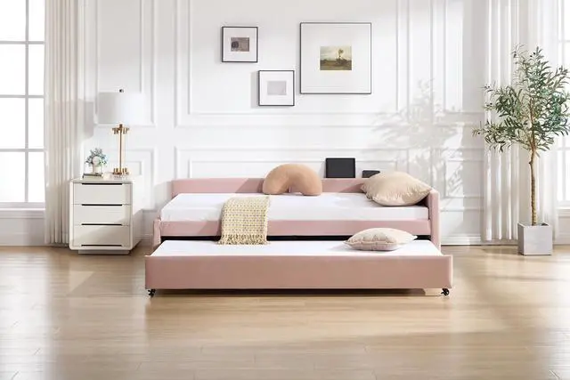 Alt view image 5 of 7 - Full Size Upholstered Daybed with Trundle, L Shaped Corner Bed Frame with LED Light and Charging Station, Modern Diamond Grid Velvet Fabric Guest Bed for Young and Adults Bedroom, Dorm, Pink