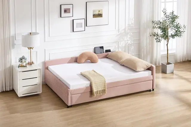 Alt view image 2 of 7 - Full Size Upholstered Daybed with Trundle, L Shaped Corner Bed Frame with LED Light and Charging Station, Modern Diamond Grid Velvet Fabric Guest Bed for Young and Adults Bedroom, Dorm, Pink