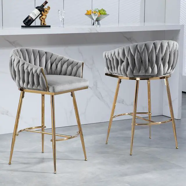 Main image of 26" Modern Counter Height Bar Stools Set of 2, Boucle Bar Stools with Golden Chromed Base & Footrest, Comfortable Stool Chairs for Kitchen Island, Dining, Living Room, or Office