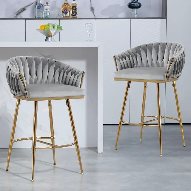 Alt view image 3 of 7 - 26" Modern Counter Height Bar Stools Set of 2, Boucle Bar Stools with Golden Chromed Base & Footrest, Comfortable Stool Chairs for Kitchen Island, Dining, Living Room, or Office