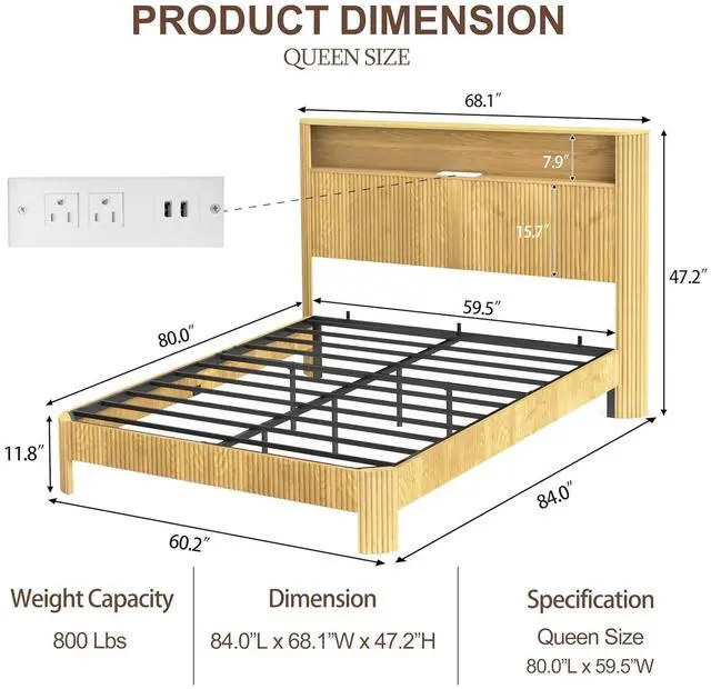 Alt view image 2 of 7 - Queen Headboard and Frame, Wood Platform Bed with Storage Headboard and Charging Station, Wavy Curved Lines Design Luxury Double Heavy Duty Metal Support, Noise-Free, Natural