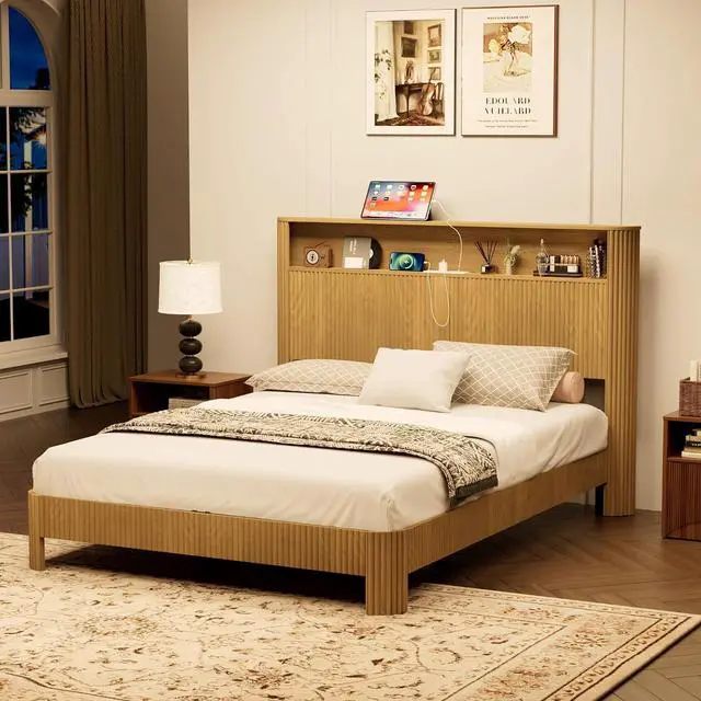 Main image of Queen Headboard and Frame, Wood Platform Bed with Storage Headboard and Charging Station, Wavy Curved Lines Design Luxury Double Heavy Duty Metal Support, Noise-Free, Natural
