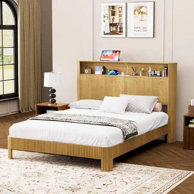 Alt view image 4 of 7 - Queen Headboard and Frame, Wood Platform Bed with Storage Headboard and Charging Station, Wavy Curved Lines Design Luxury Double Heavy Duty Metal Support, Noise-Free, Natural
