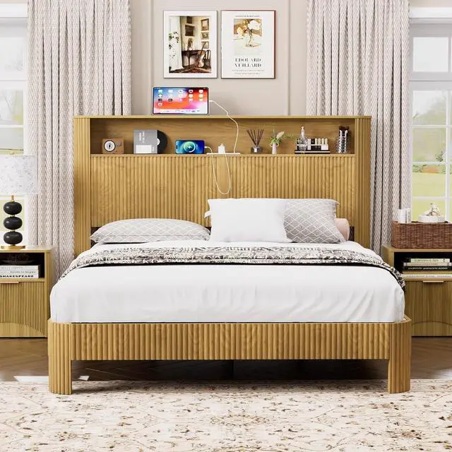 Alt view image 3 of 7 - Queen Headboard and Frame, Wood Platform Bed with Storage Headboard and Charging Station, Wavy Curved Lines Design Luxury Double Heavy Duty Metal Support, Noise-Free, Natural