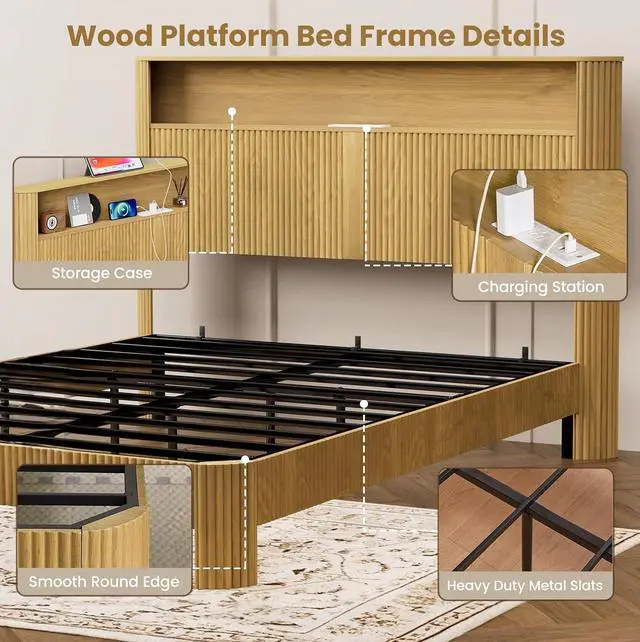 Alt view image 5 of 7 - Full XL Headboard and Frame, Wood Platform Bed with Storage Headboard and Charging Station, Wavy Curved Lines Design Luxury Double Heavy Duty Metal Support, Noise-Free, Walnut