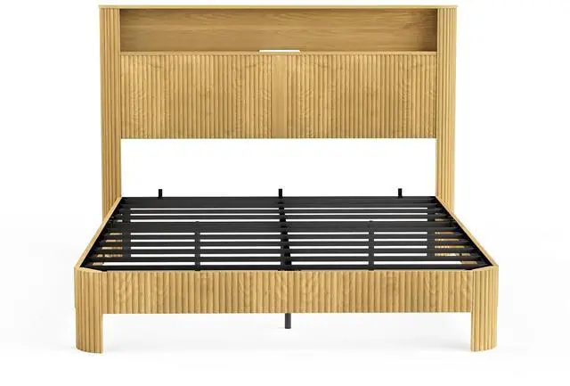 Alt view image 6 of 7 - Queen Headboard and Frame, Wood Platform Bed with Storage Headboard and Charging Station, Wavy Curved Lines Design Luxury Double Heavy Duty Metal Support, Noise-Free, Natural