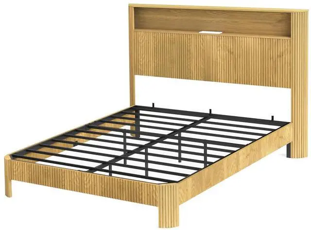 Alt view image 7 of 7 - Queen Headboard and Frame, Wood Platform Bed with Storage Headboard and Charging Station, Wavy Curved Lines Design Luxury Double Heavy Duty Metal Support, Noise-Free, Natural